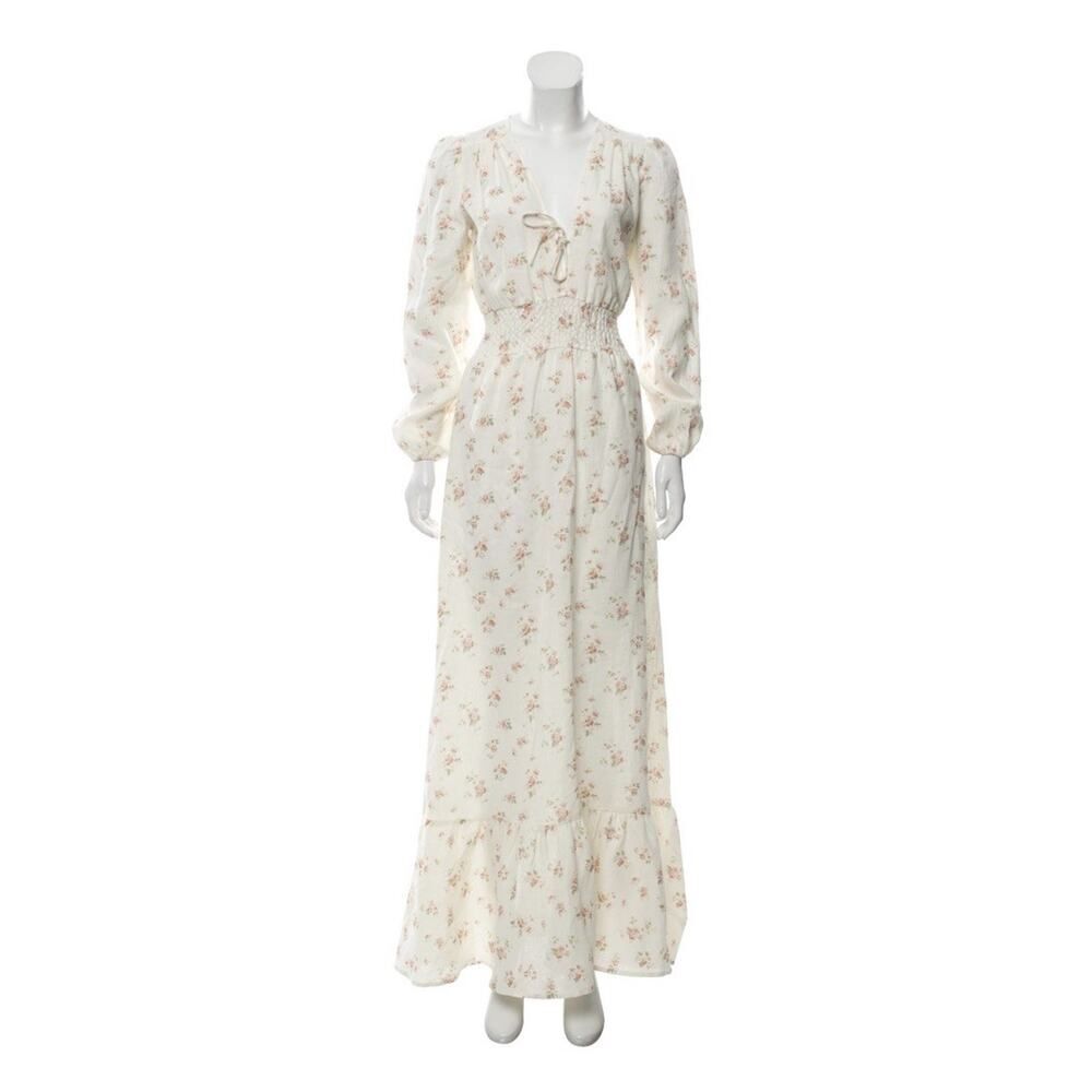 Reformation Linen Floral Maxi Dress Small Puff Sleeve Smocked Waist Cream Ivory - Picture 2 of 13